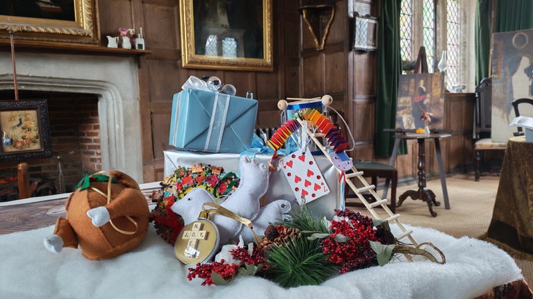 A selection of decorations ready to be displayed for Christmas at Baddesley Clinton, Warwickshire